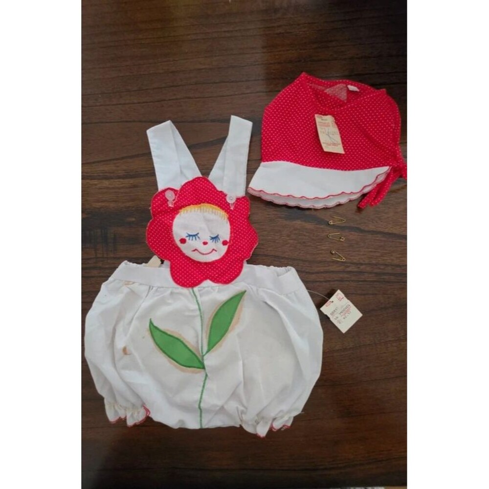 Vtg Cradle Togs Baby Romper Bonnet Set 0-6M Red White Flower NOS Tags